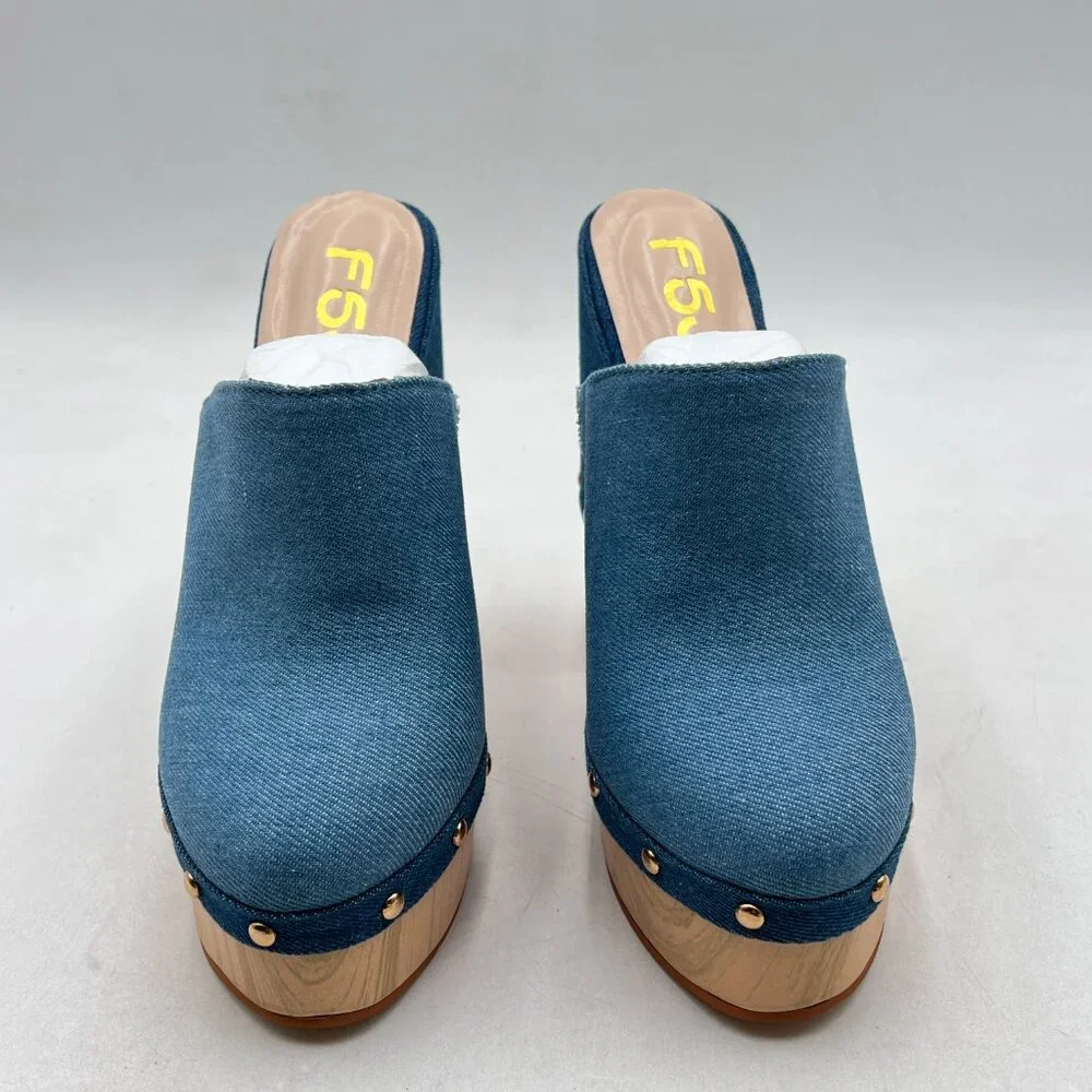FSJ Blue Denim Round Toe Mules High Chunky Heel Slip On Platform Wooden Sandal - Picture 3 of 8